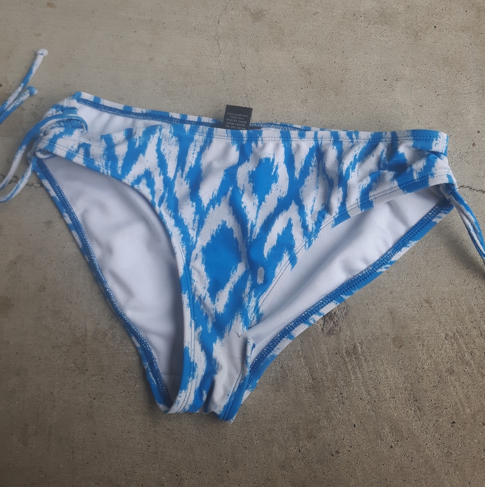 Blue and white tasseled bikini bottoms